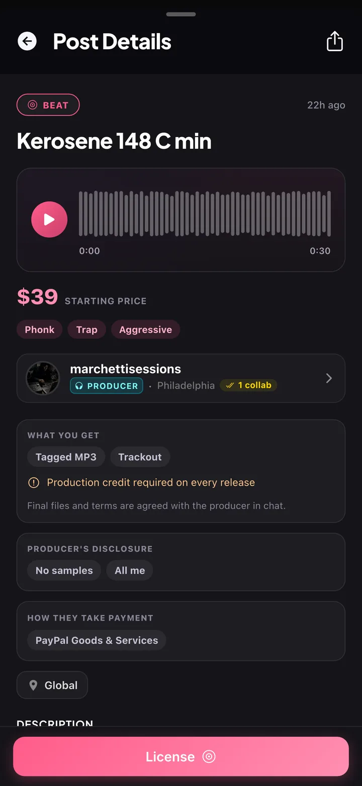 A beat detail screen with license options