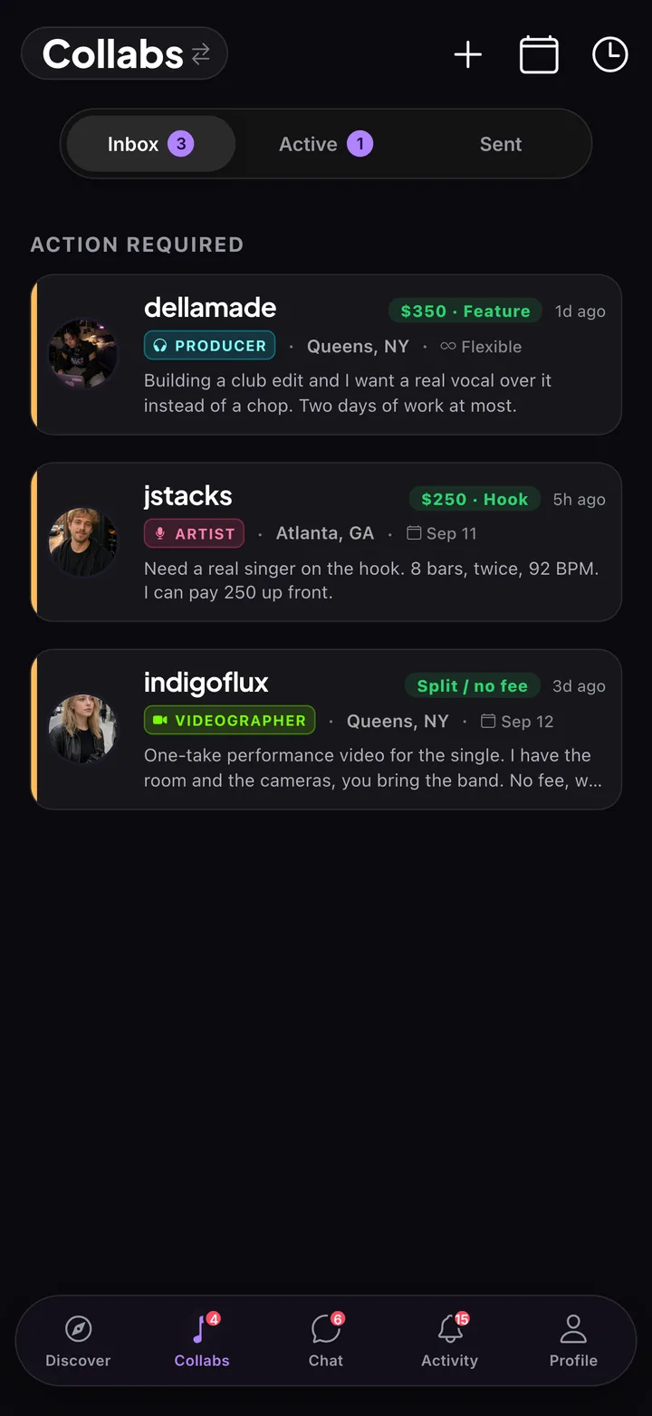 The Collabs Inbox in KollabMe with incoming requests showing price pills