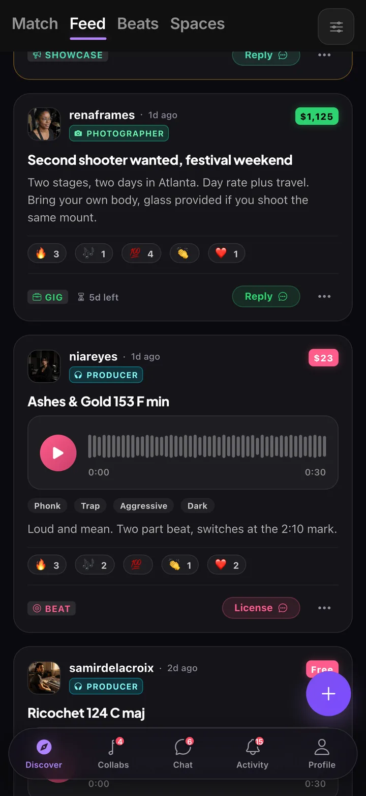 The Feed with a gig post and a beat post